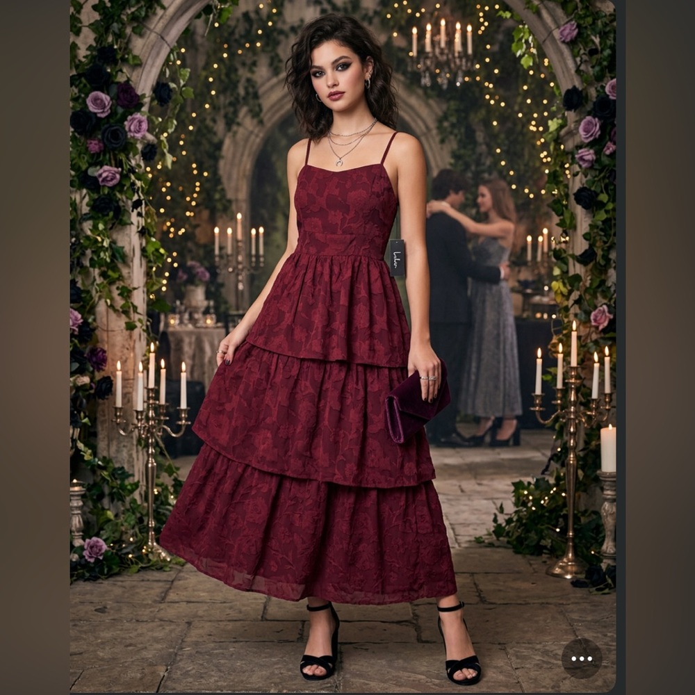 Lulus Whimsigoth Tiered Maxi Dress X-Large Burgundy Floral Chiffon Strappy Smock